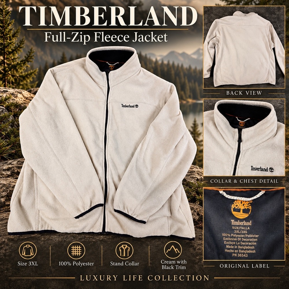 Timberland Mens Cream Full Zip Fleece Jacket Mock Neck Logo 3XL PN 36543